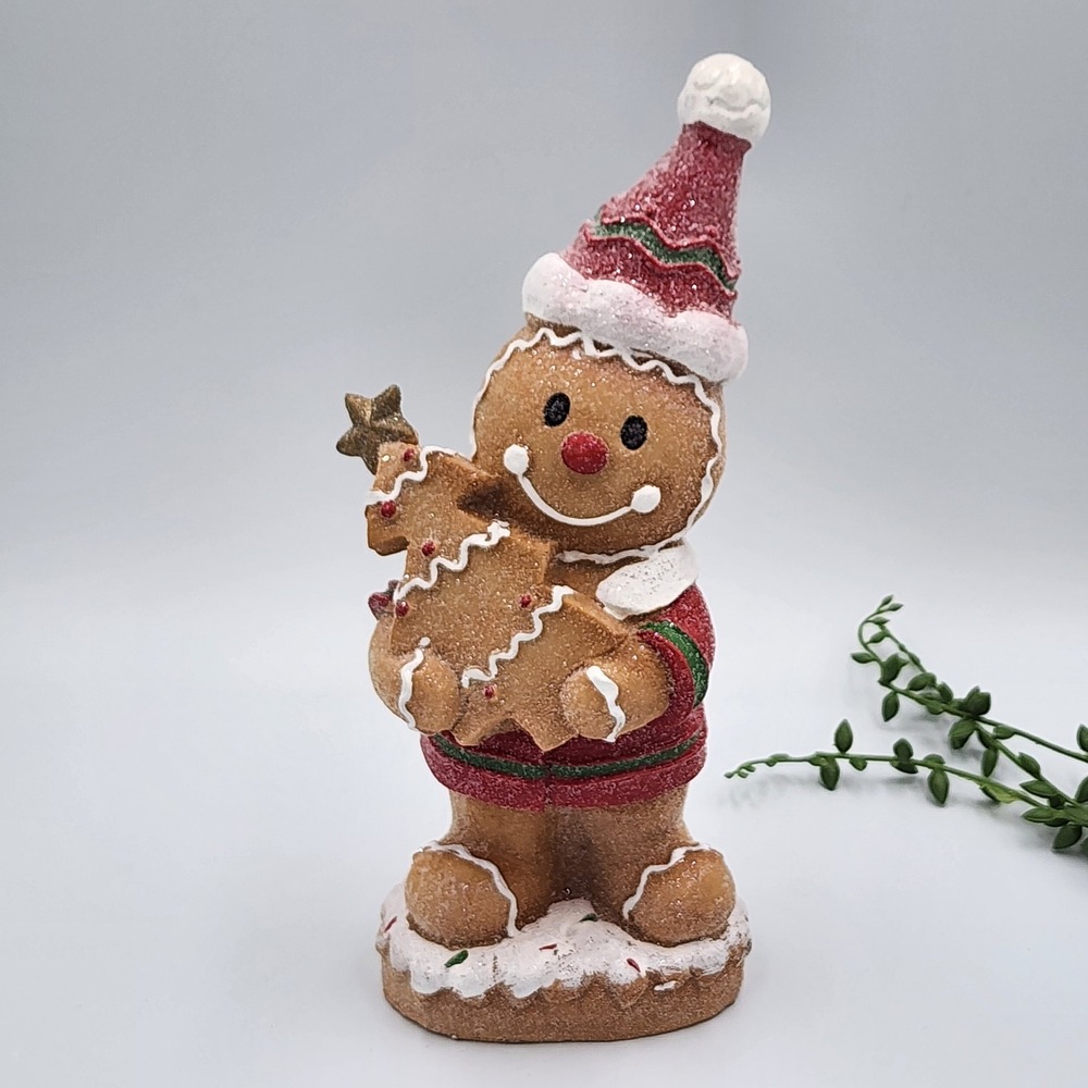 Gingerbread Man Figurine Santa Hat Resin Brown Christmas Tree Holiday Decor 9.5"